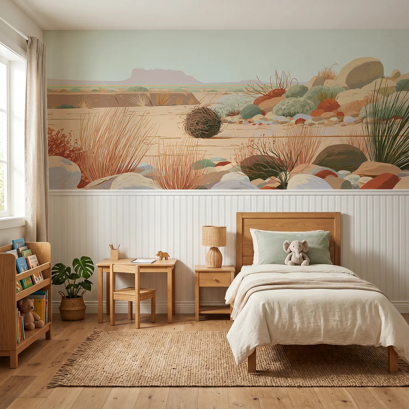 Modern illustration wainscoting wallpaper of a tumbleweed rolling through by Whimsy Tots