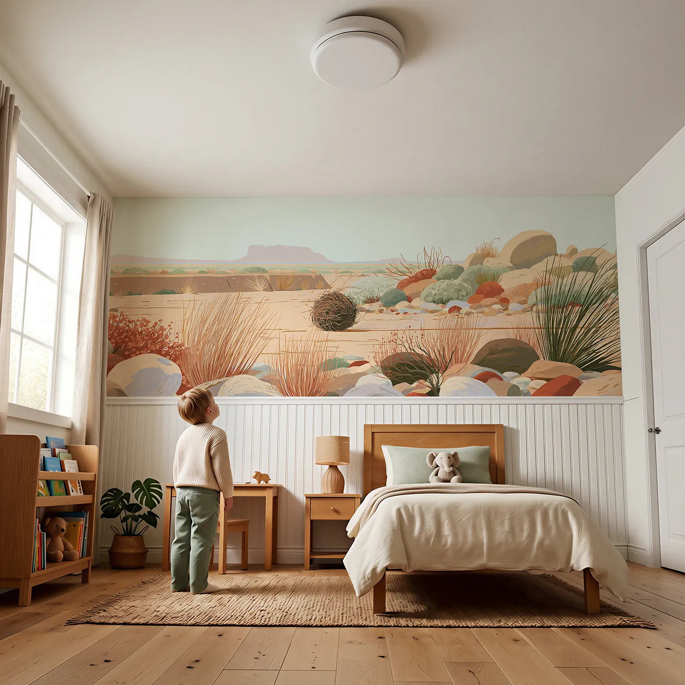 Child reading near Tumbleweed Rolling Through Wainscoting Wallpaper by Whimsy Tots
