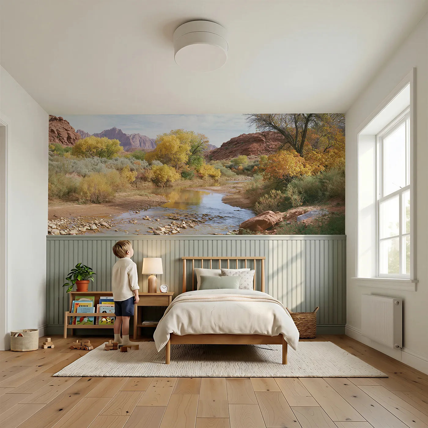 Child reading near Pools In The Dry Wash Wainscoting Wallpaper by Whimsy Tots