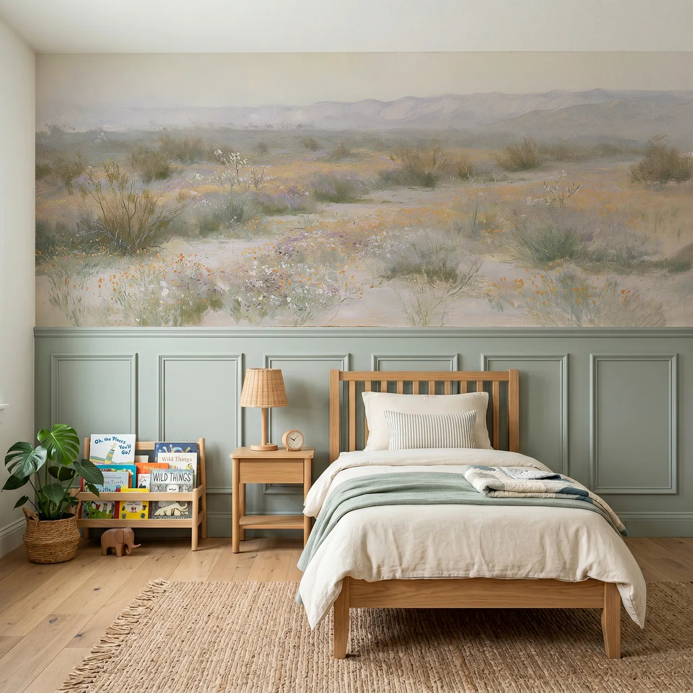 Watercolor wainscoting wallpaper of the desert in bloom by Whimsy Tots