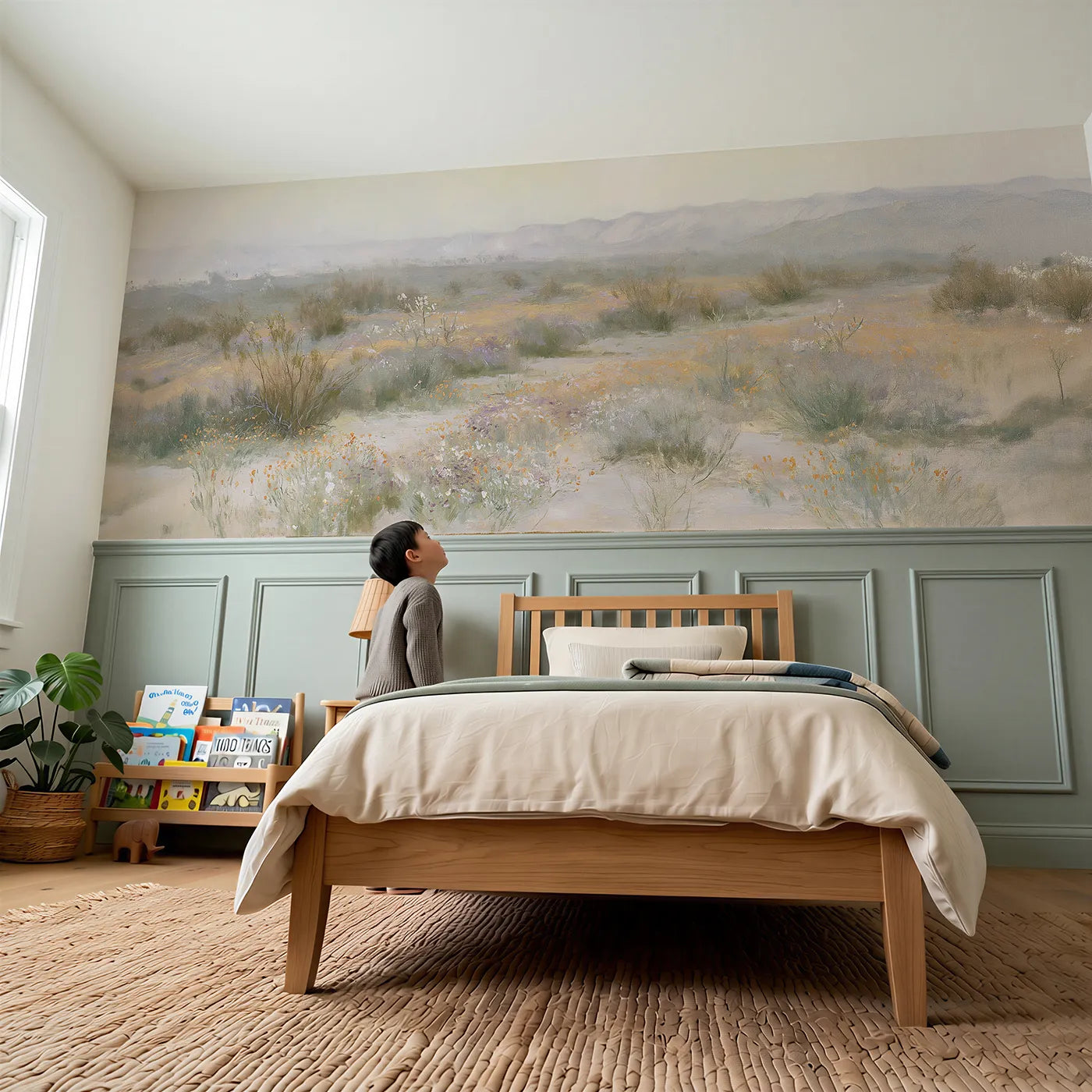 Child reading near The Desert In Bloom Wainscoting Wallpaper by Whimsy Tots