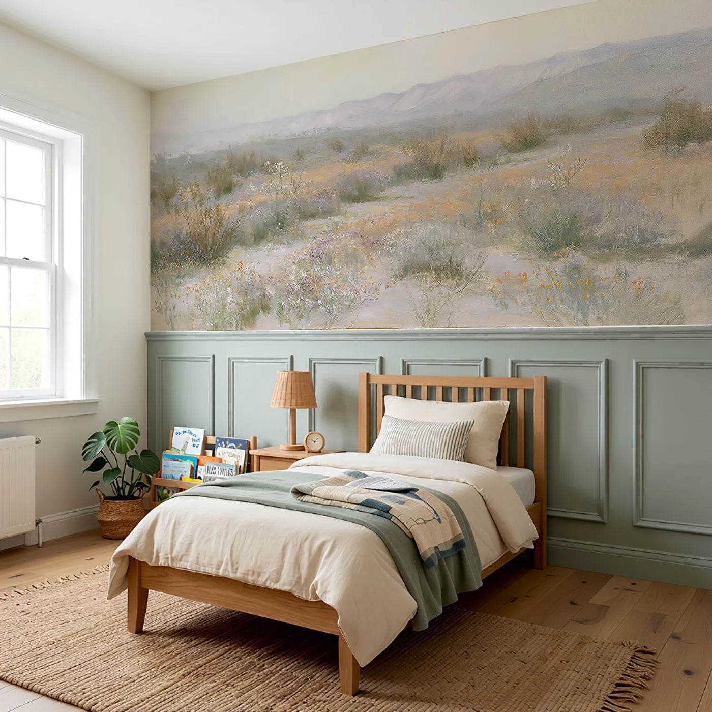 The Desert In Bloom Wainscoting Wallpaper styled in a kids room by Whimsy Tots