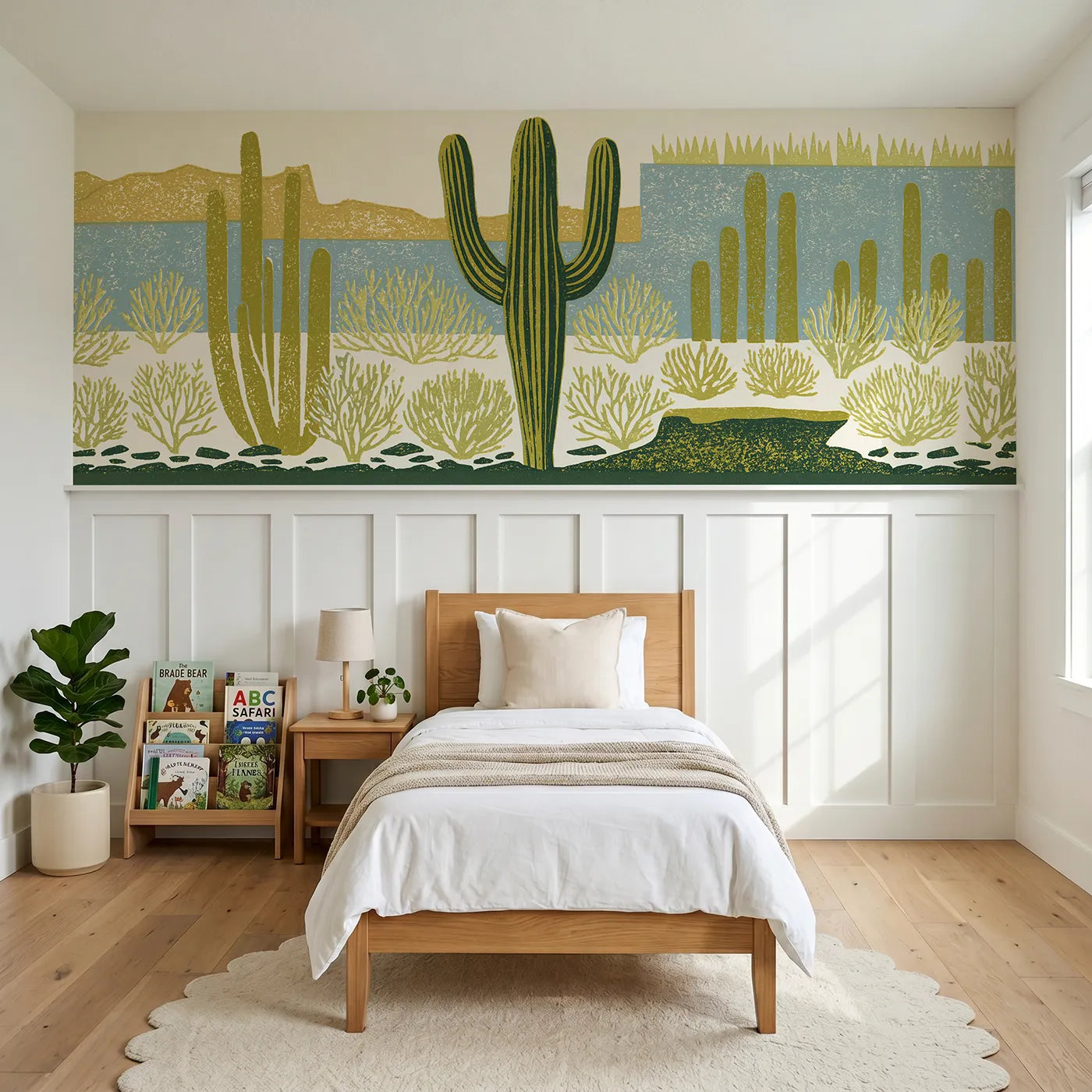 Block print wainscoting wallpaper of a carved saguaro standing by Whimsy Tots