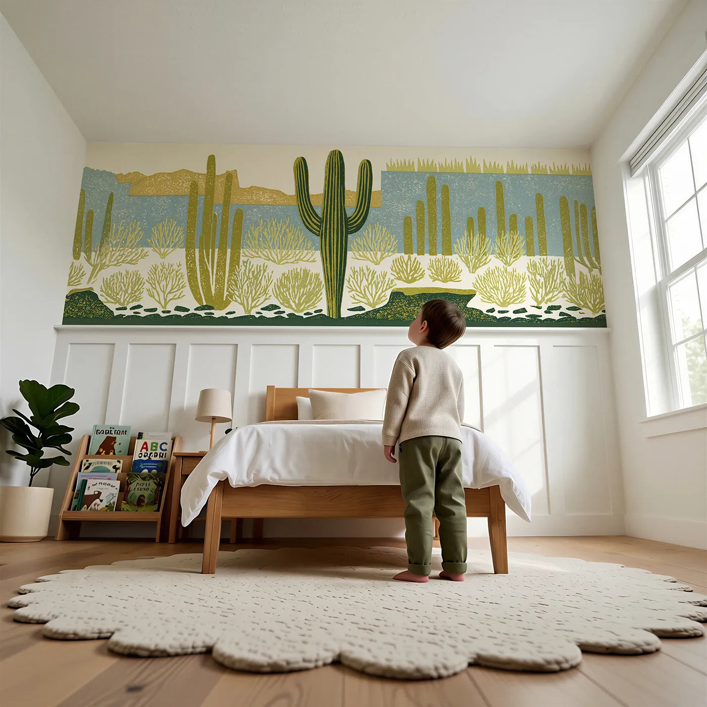 Child reading near Carved Saguaro Standing Wainscoting Wallpaper by Whimsy Tots
