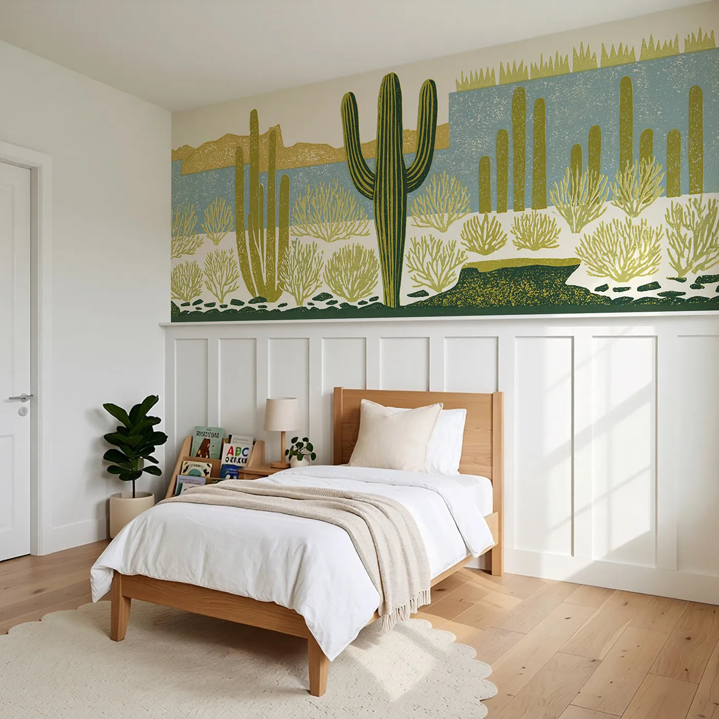 Carved Saguaro Standing Wainscoting Wallpaper styled in a kids room by Whimsy Tots