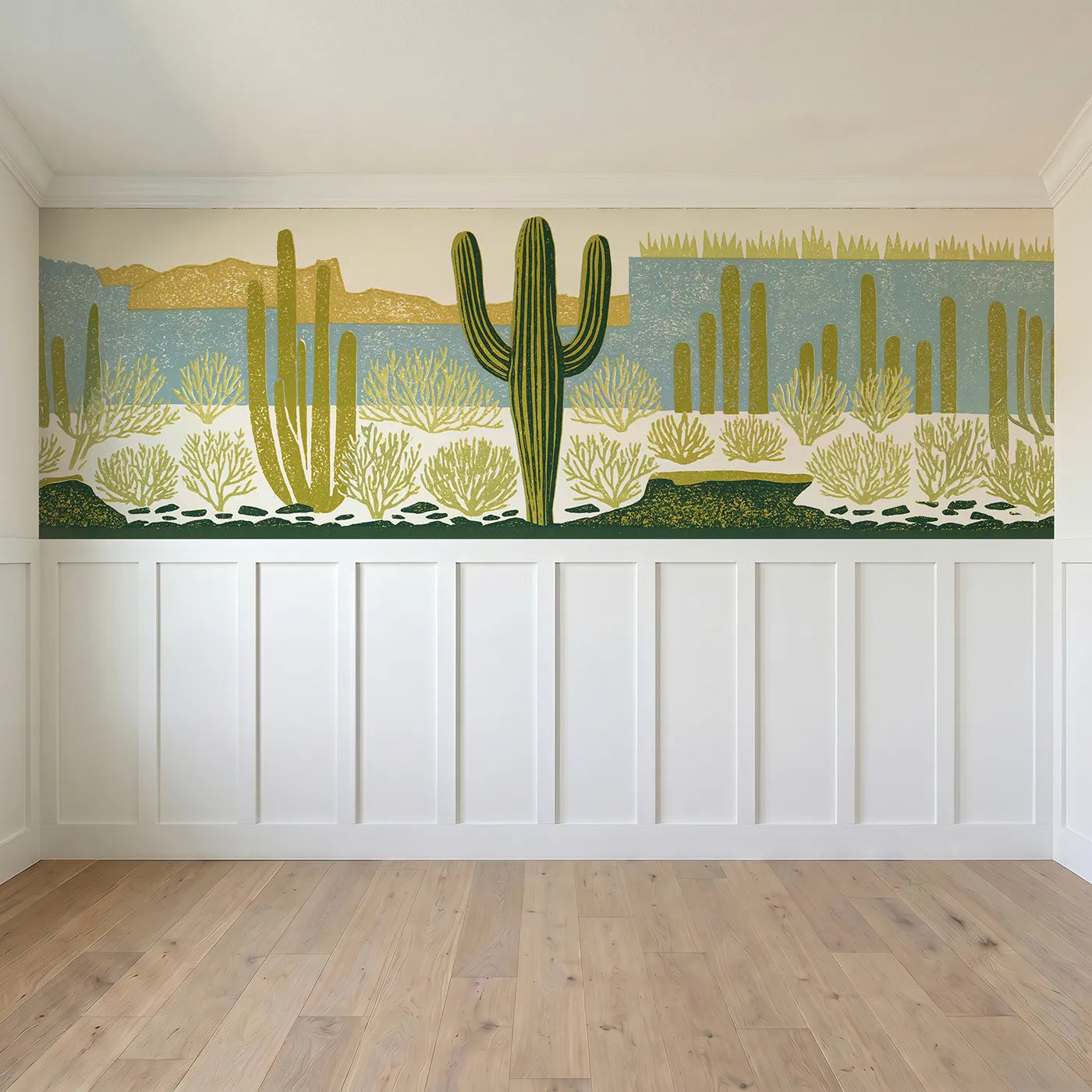 Full panel view of Carved Saguaro Standing Wainscoting Wallpaper by Whimsy Tots