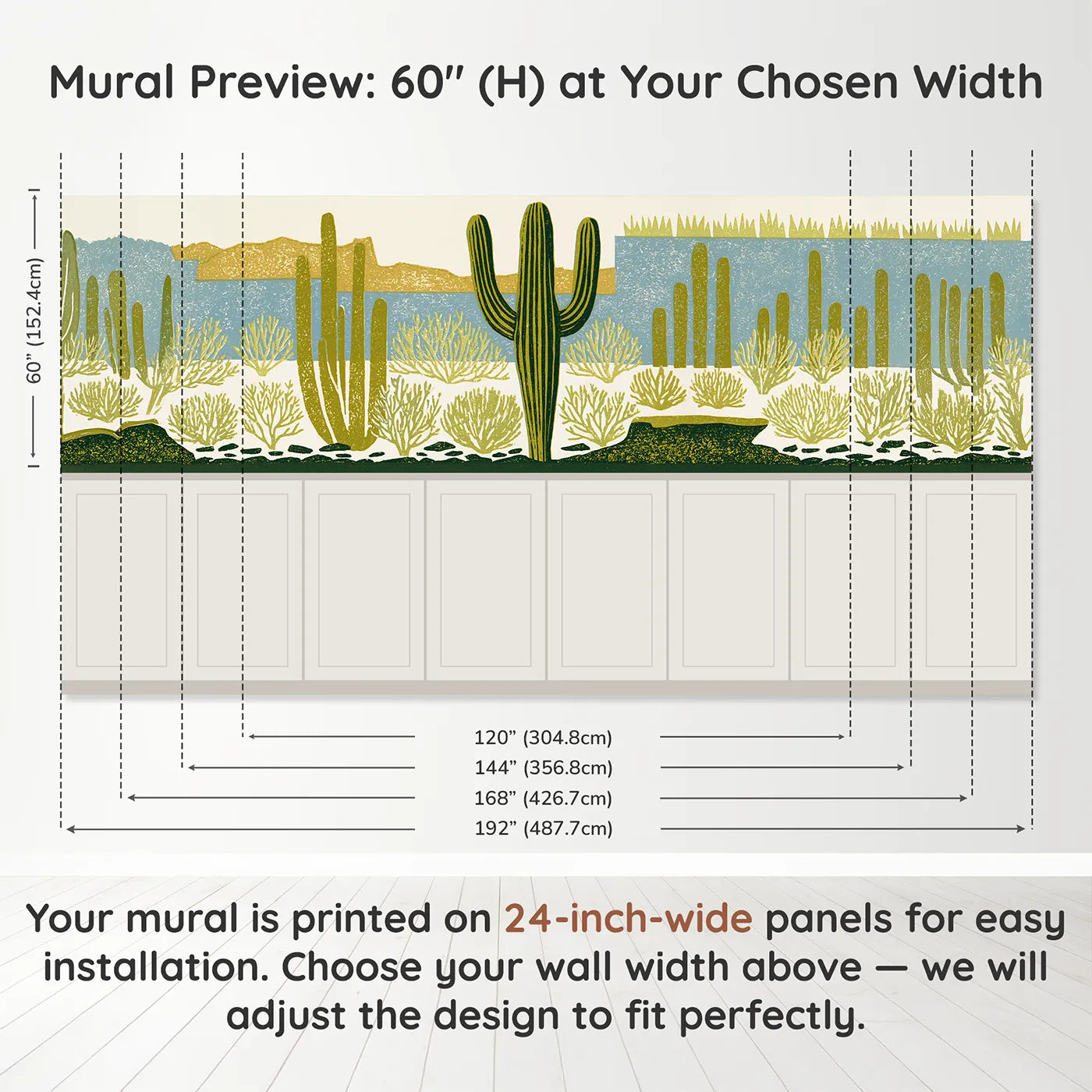 Panel dimensions for Carved Saguaro Standing Wainscoting Wallpaper by Whimsy Tots