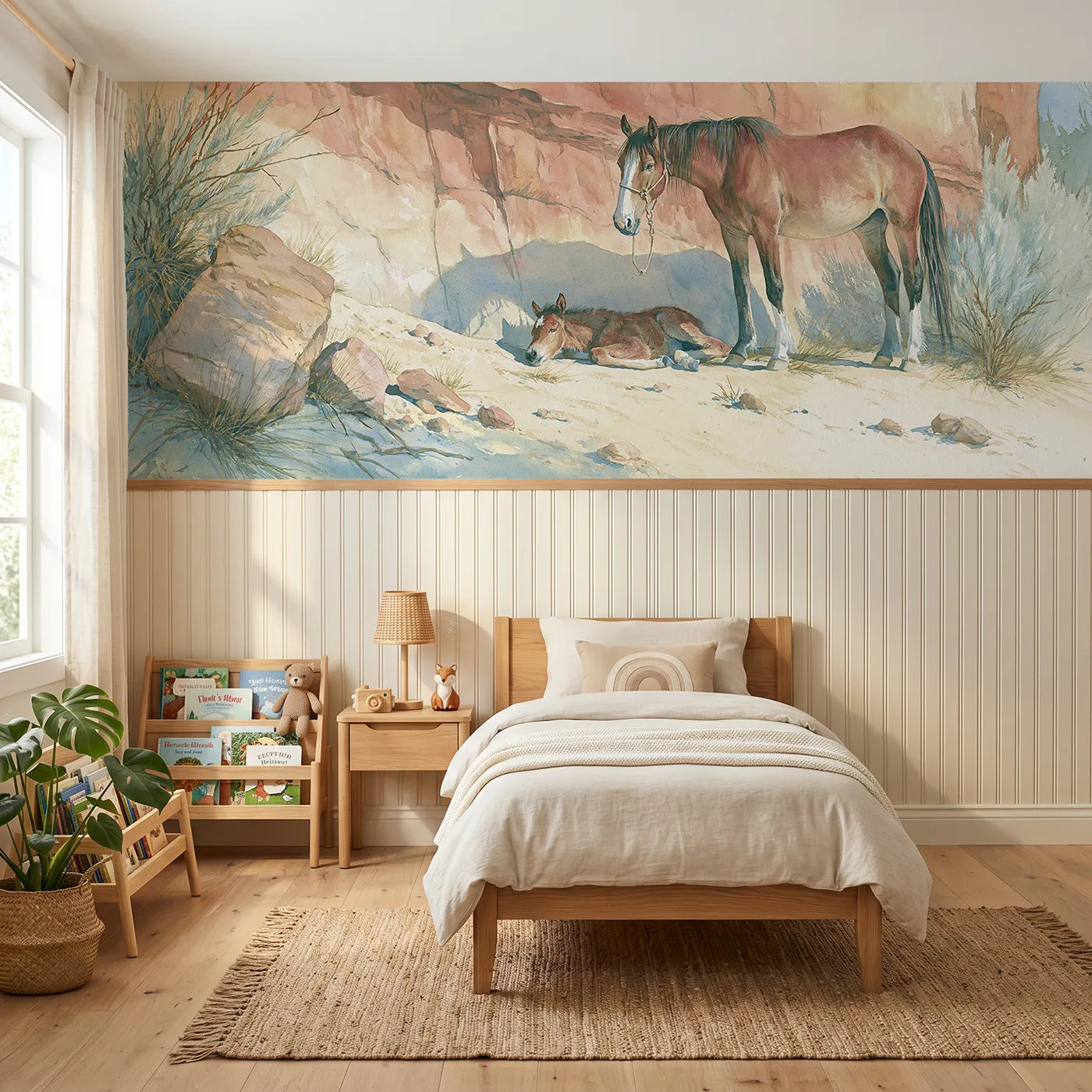 Storybook wainscoting wallpaper of a mare shading her foal by Whimsy Tots