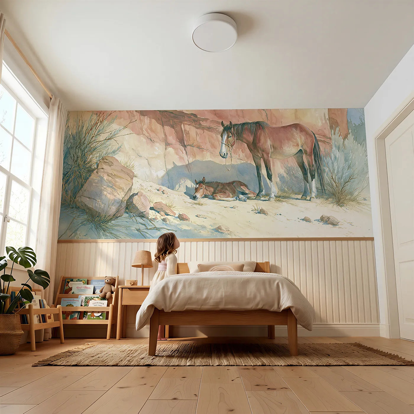 Child reading near Mare Shading Her Foal Wainscoting Wallpaper by Whimsy Tots