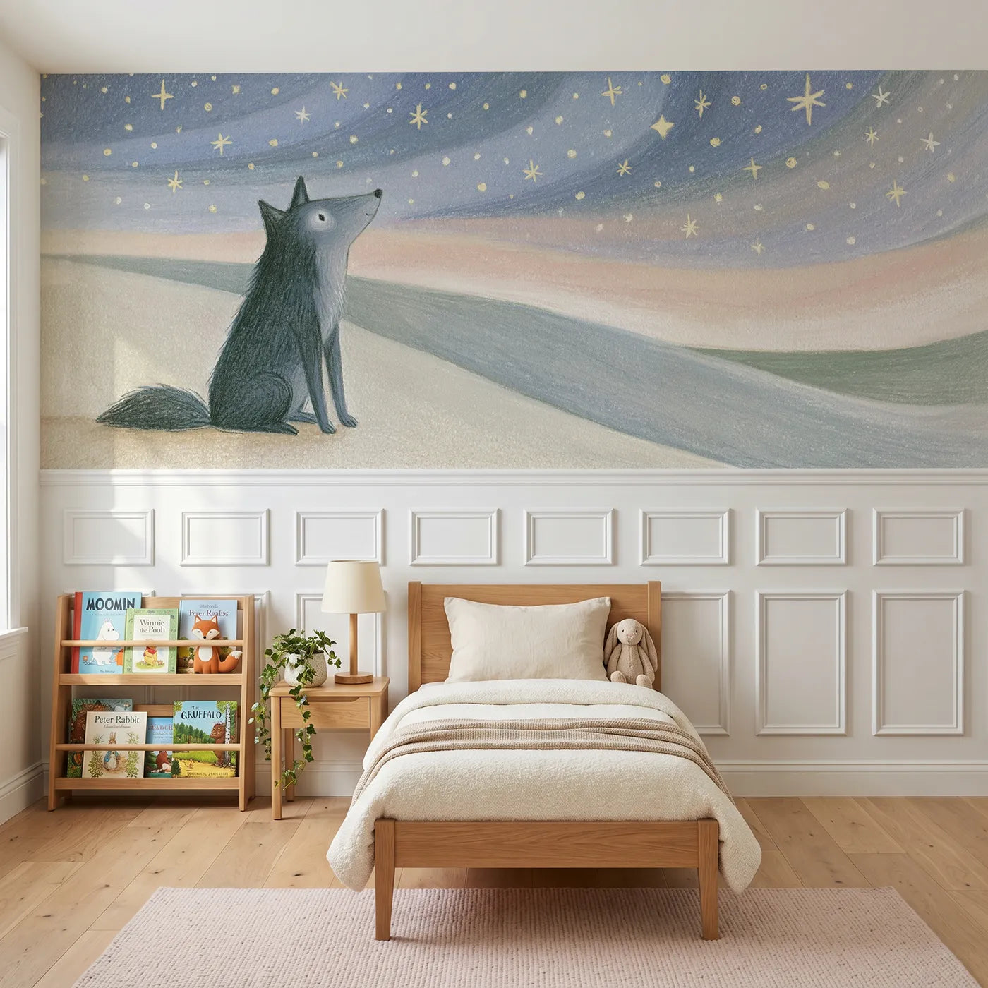 Colored pencil wainscoting wallpaper of a coyote pup watching stars by Whimsy Tots