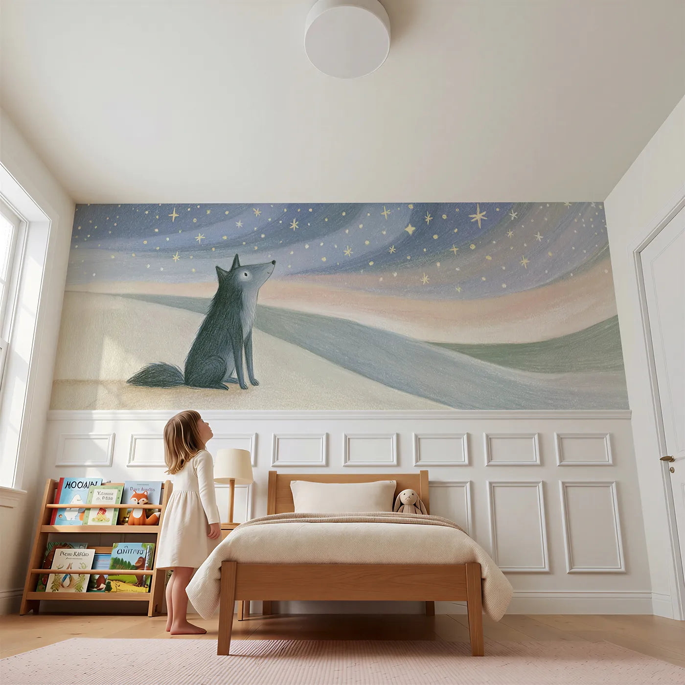Child reading near Coyote Pup Watching Stars Wainscoting Wallpaper by Whimsy Tots
