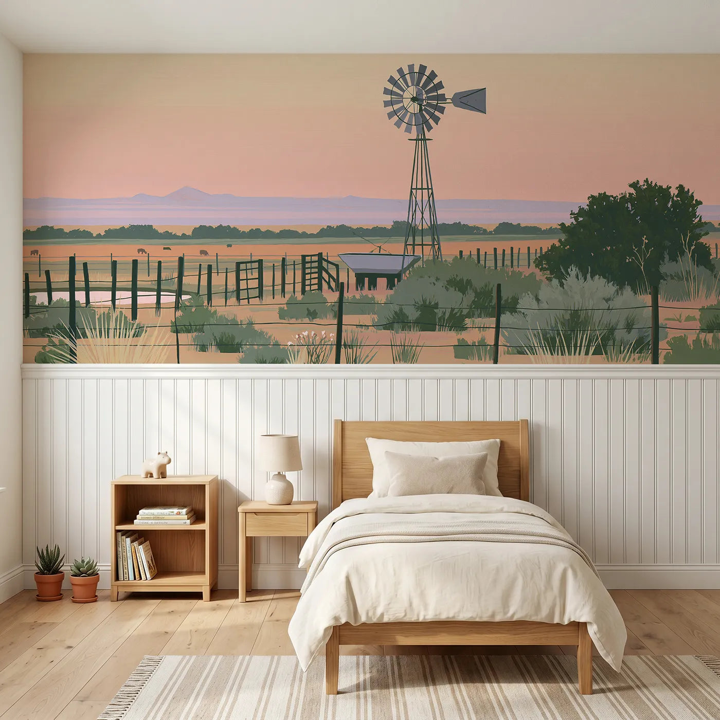 Modern illustration wainscoting wallpaper of a windpump turning slow by Whimsy Tots