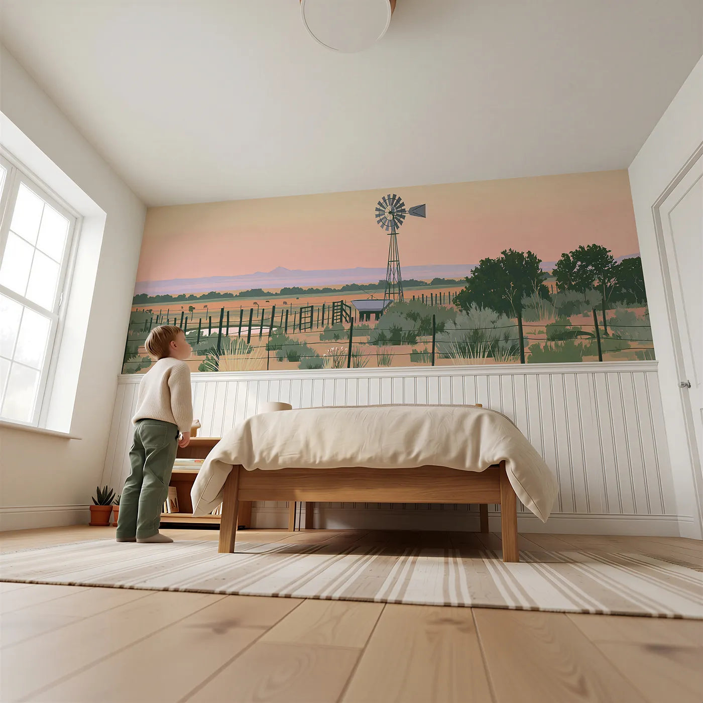 Child reading near Windpump Turning Slow Wainscoting Wallpaper by Whimsy Tots