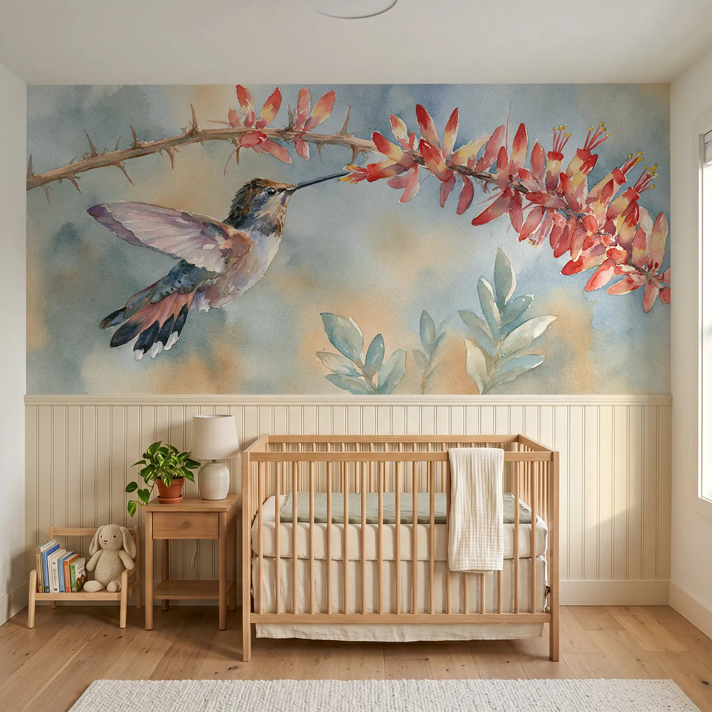 Watercolor wainscoting wallpaper of a hummingbird at the ocotillo by Whimsy Tots