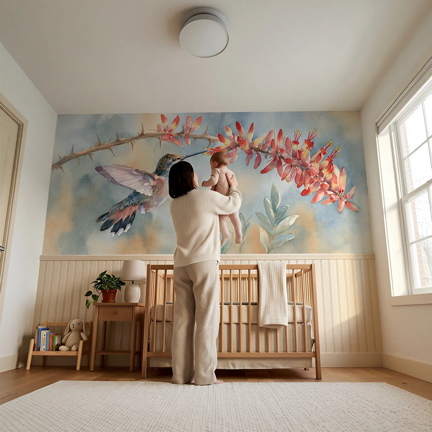 Child reading near Hummingbird At The Ocotillo Wainscoting Wallpaper by Whimsy Tots