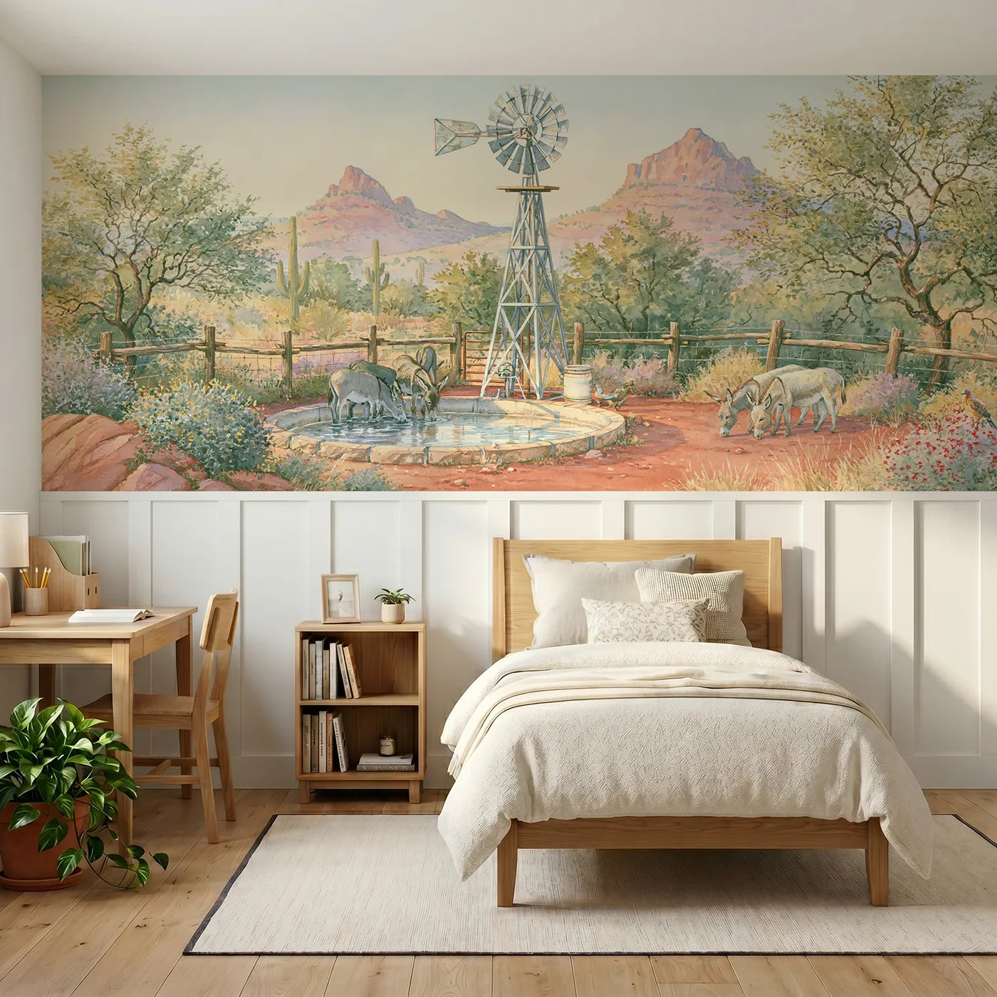 Storybook wainscoting wallpaper of a windpump at the watering hole by Whimsy Tots