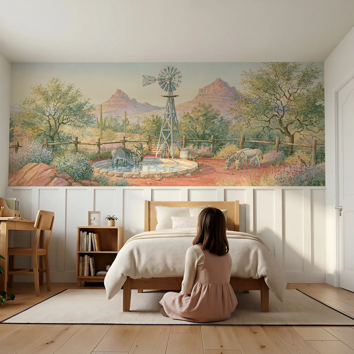 Child reading near Windpump At The Watering Hole Wainscoting Wallpaper by Whimsy Tots