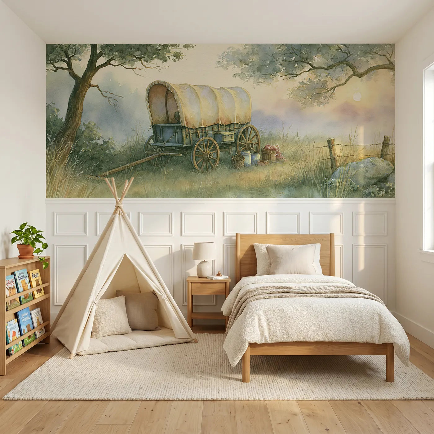 Storybook wainscoting wallpaper of a covered wagon at rest by Whimsy Tots
