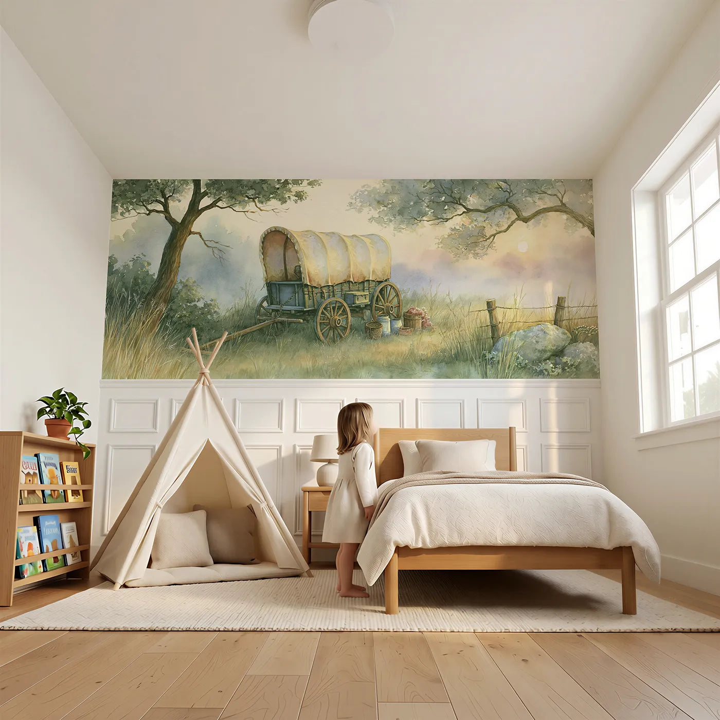 Child reading near Covered Wagon At Rest Wainscoting Wallpaper by Whimsy Tots
