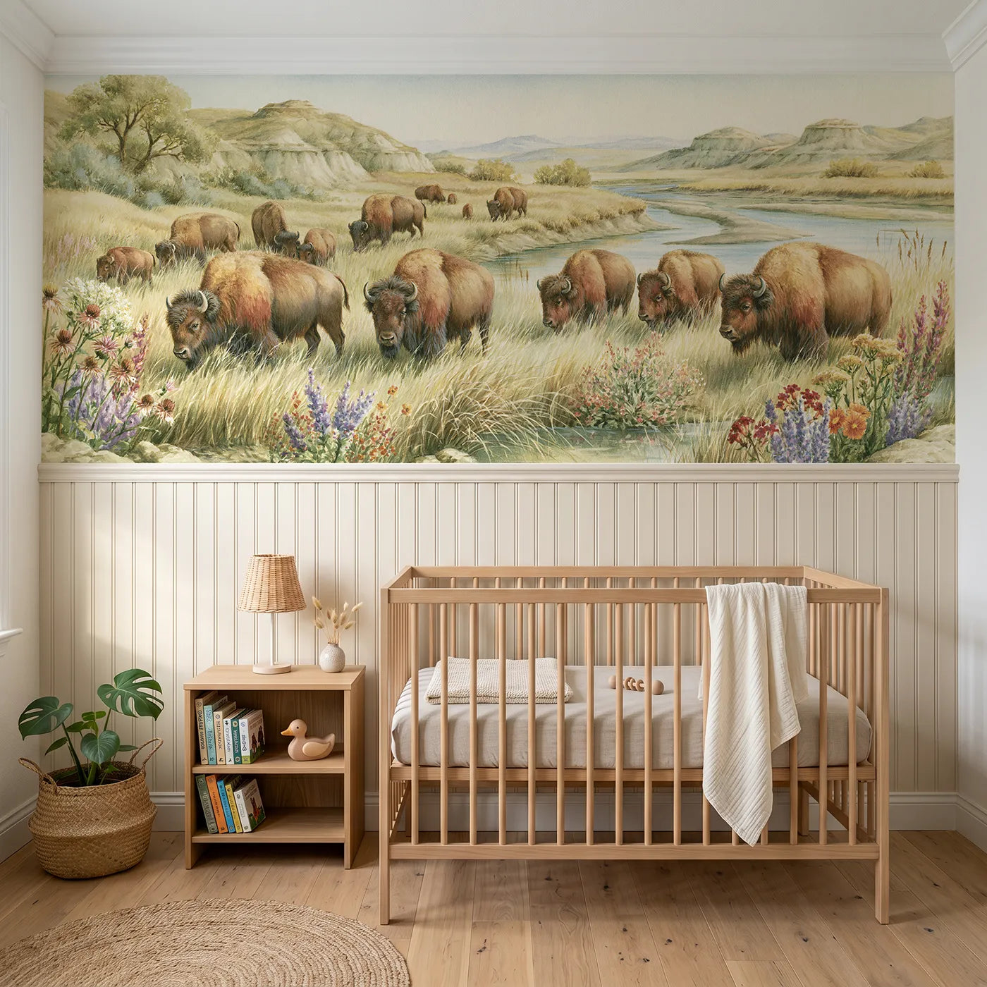 Storybook wainscoting wallpaper of a bison band on the prairie by Whimsy Tots