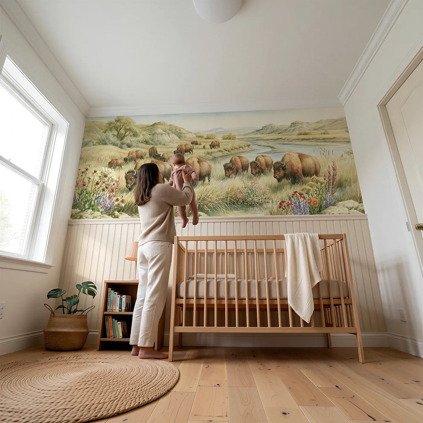 Child reading near Bison Band On Prairie Wainscoting Wallpaper by Whimsy Tots