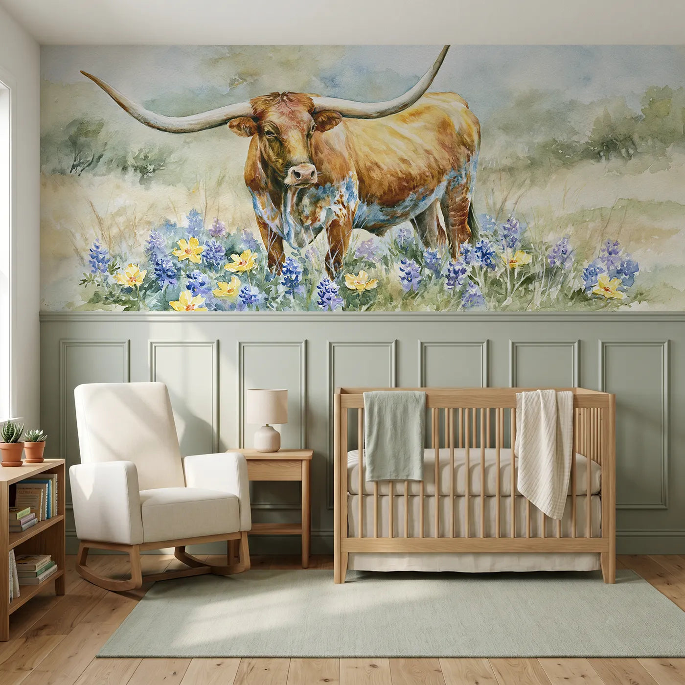 Watercolor wainscoting wallpaper of a longhorn in wildflowers by Whimsy Tots