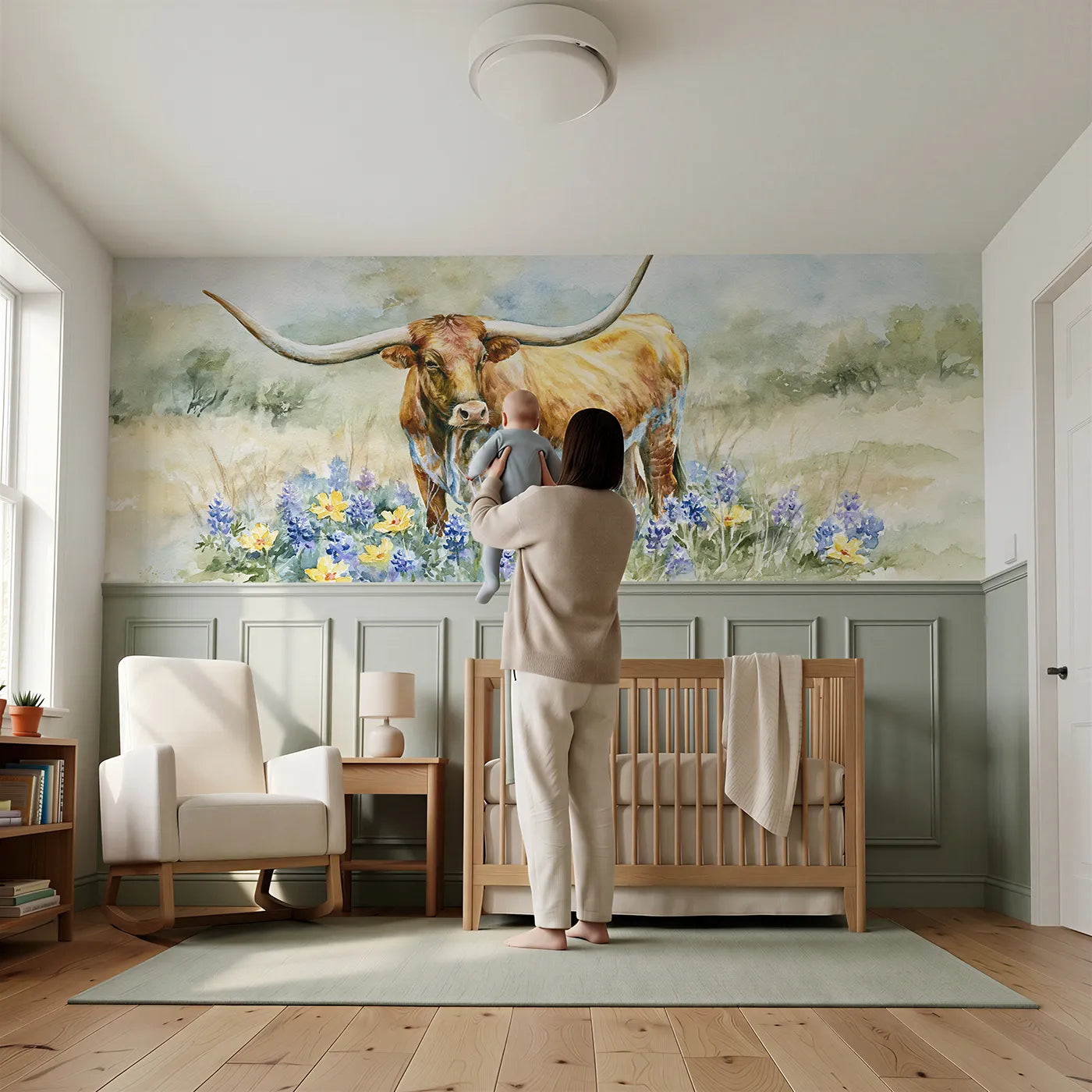 Child reading near Longhorn In The Wildflowers Wainscoting Wallpaper by Whimsy Tots