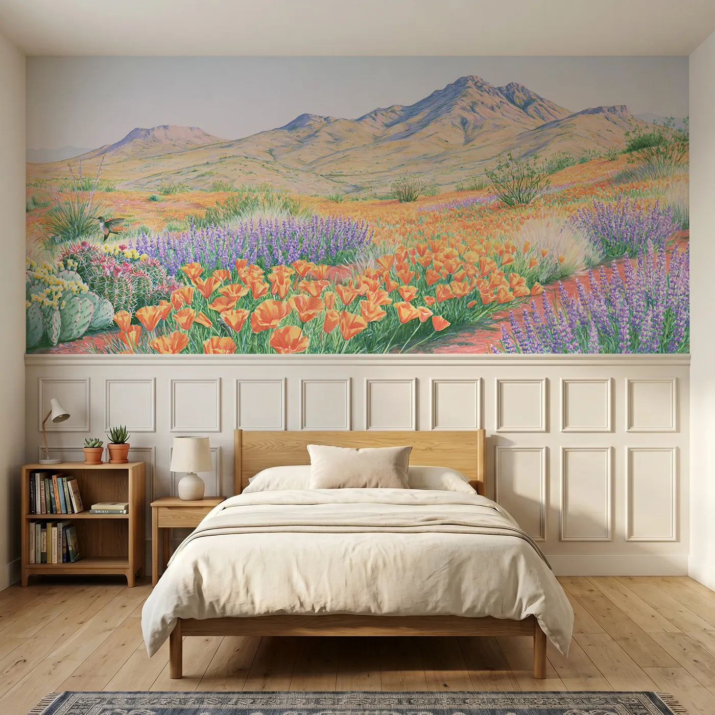Colored pencil wainscoting wallpaper of desert wildflowers after rain by Whimsy Tots