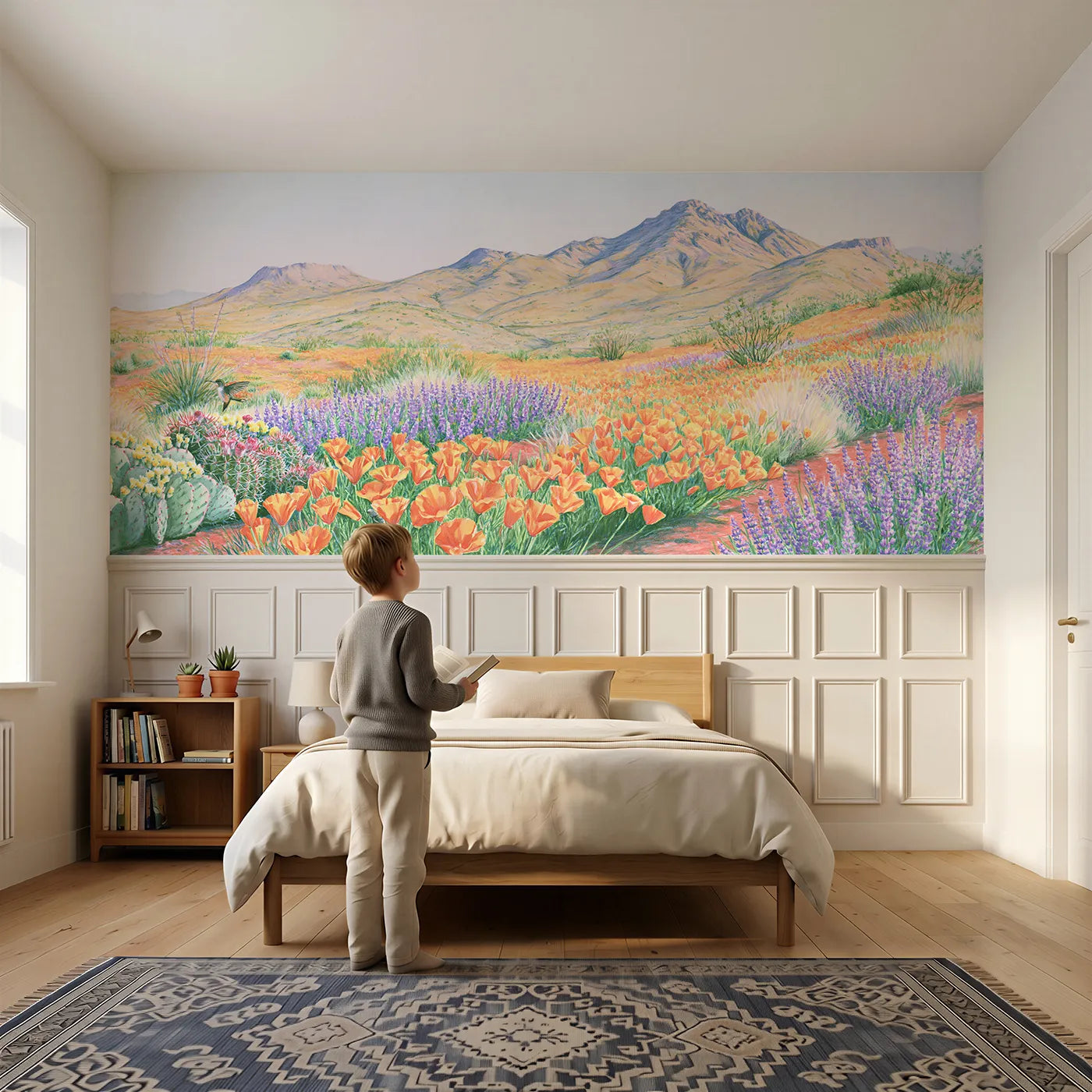 Child reading near Desert Wildflowers After Rain Wainscoting Wallpaper by Whimsy Tots