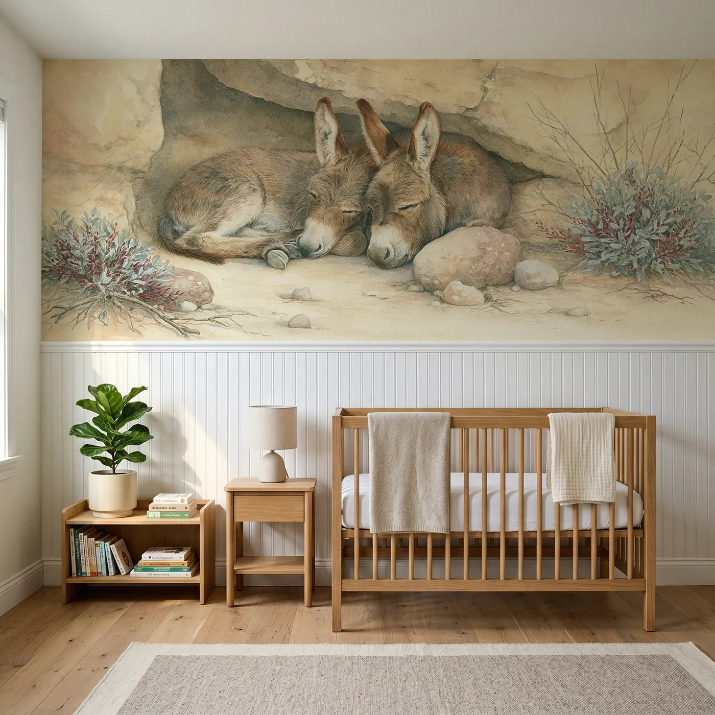 Storybook wainscoting wallpaper of a burro pair dozing in shade by Whimsy Tots