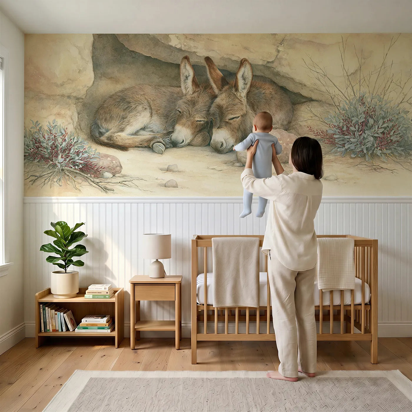 Child reading near Burro Pair In Shade Wainscoting Wallpaper by Whimsy Tots