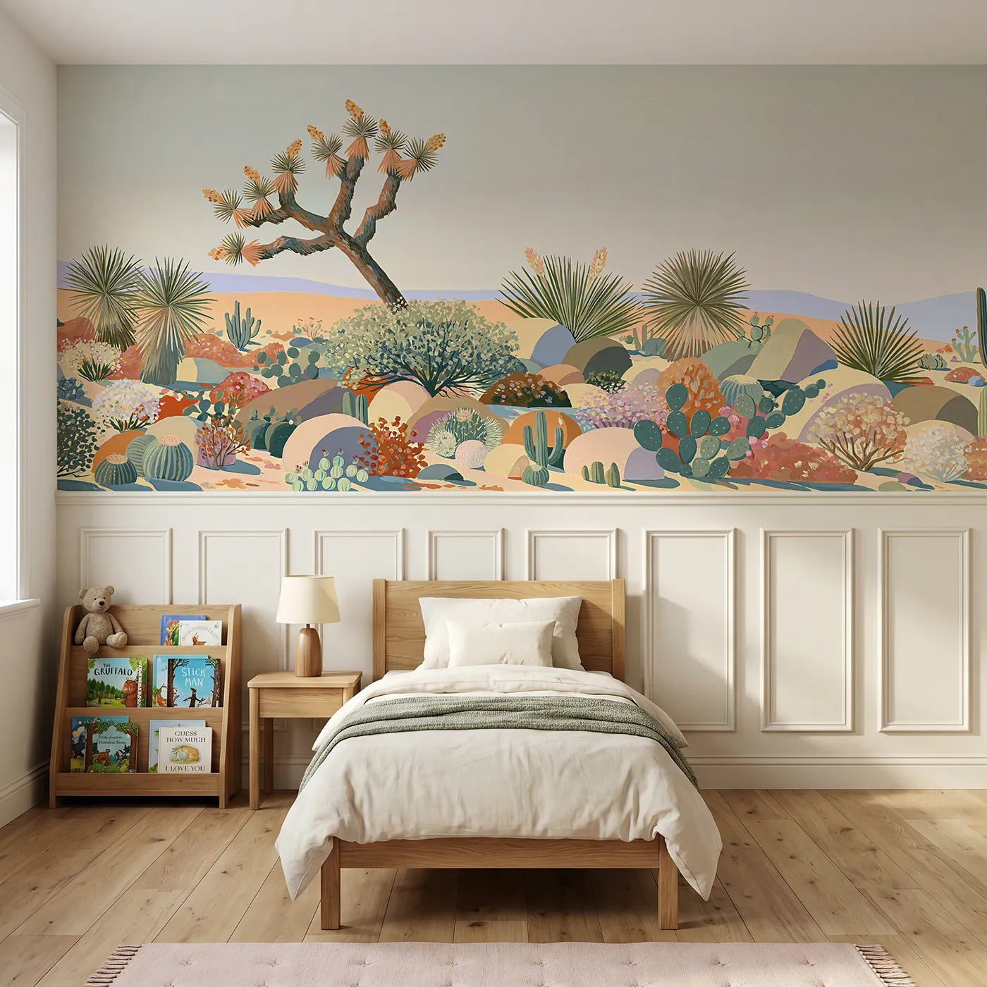 Modern illustration wainscoting wallpaper of a Joshua tree reaching up by Whimsy Tots