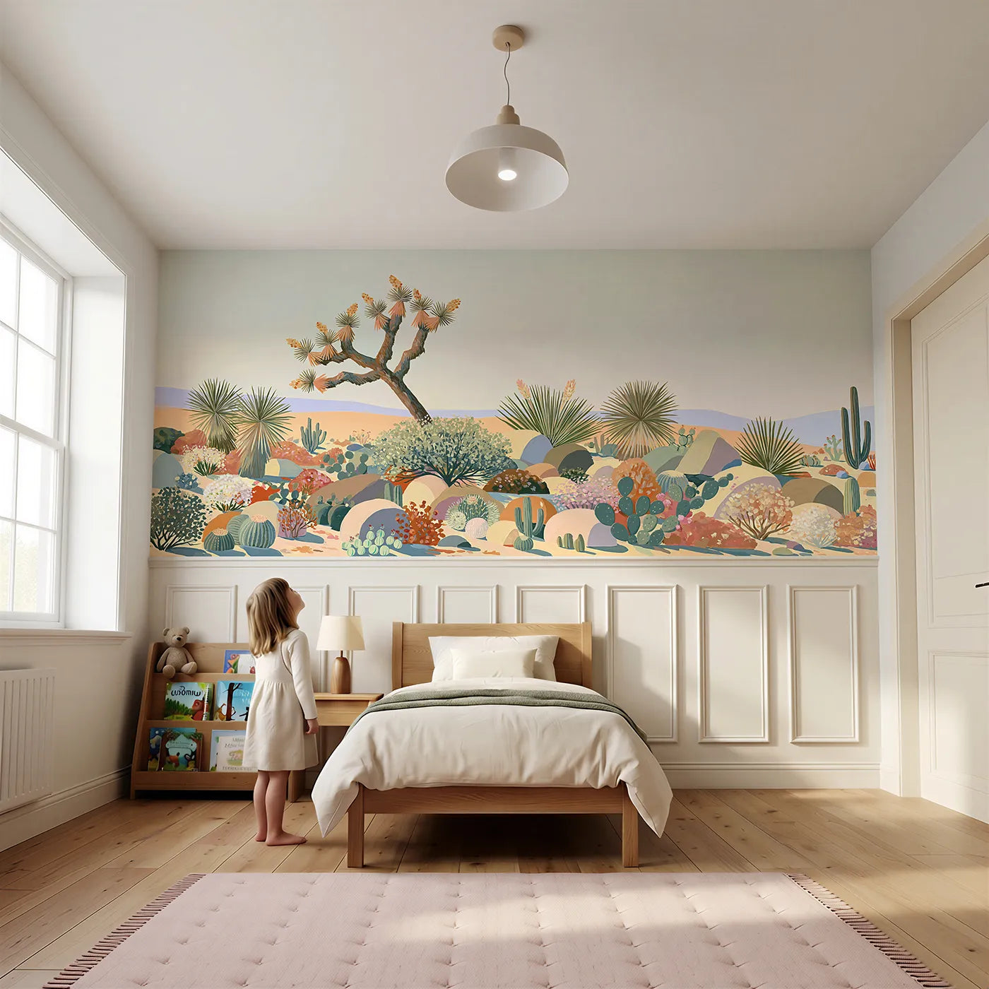 Child reading near Joshua Tree Reaching Up Wainscoting Wallpaper by Whimsy Tots