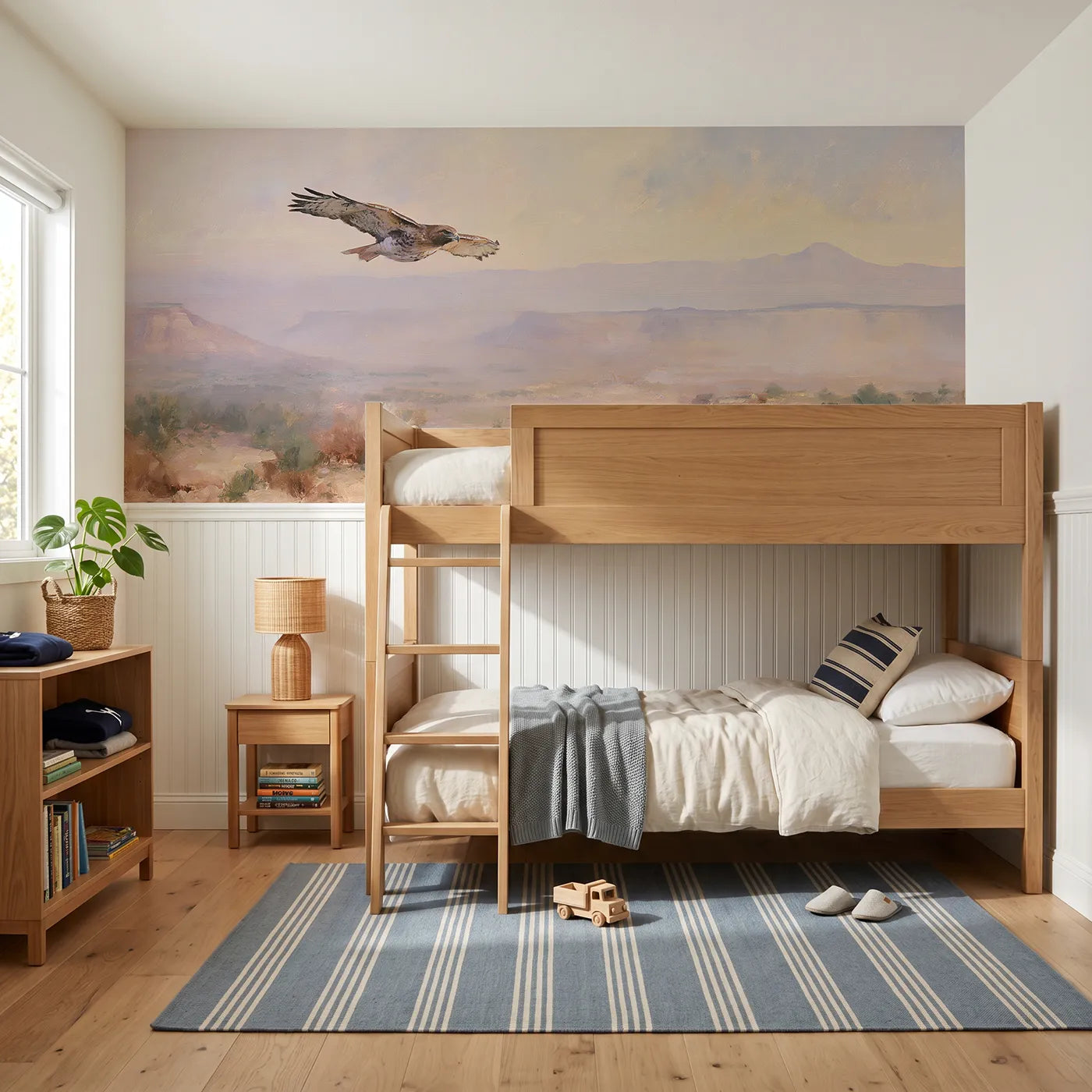 Watercolor wainscoting wallpaper of a hawk circling high by Whimsy Tots