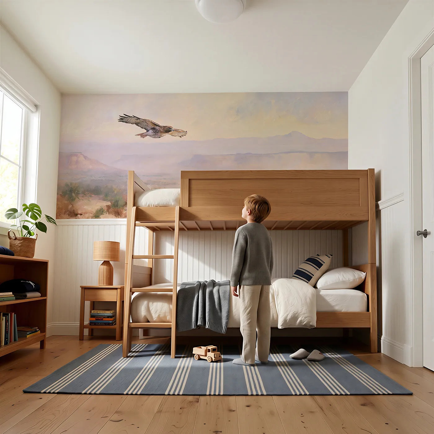 Child reading near Hawk Circling High Wainscoting Wallpaper by Whimsy Tots