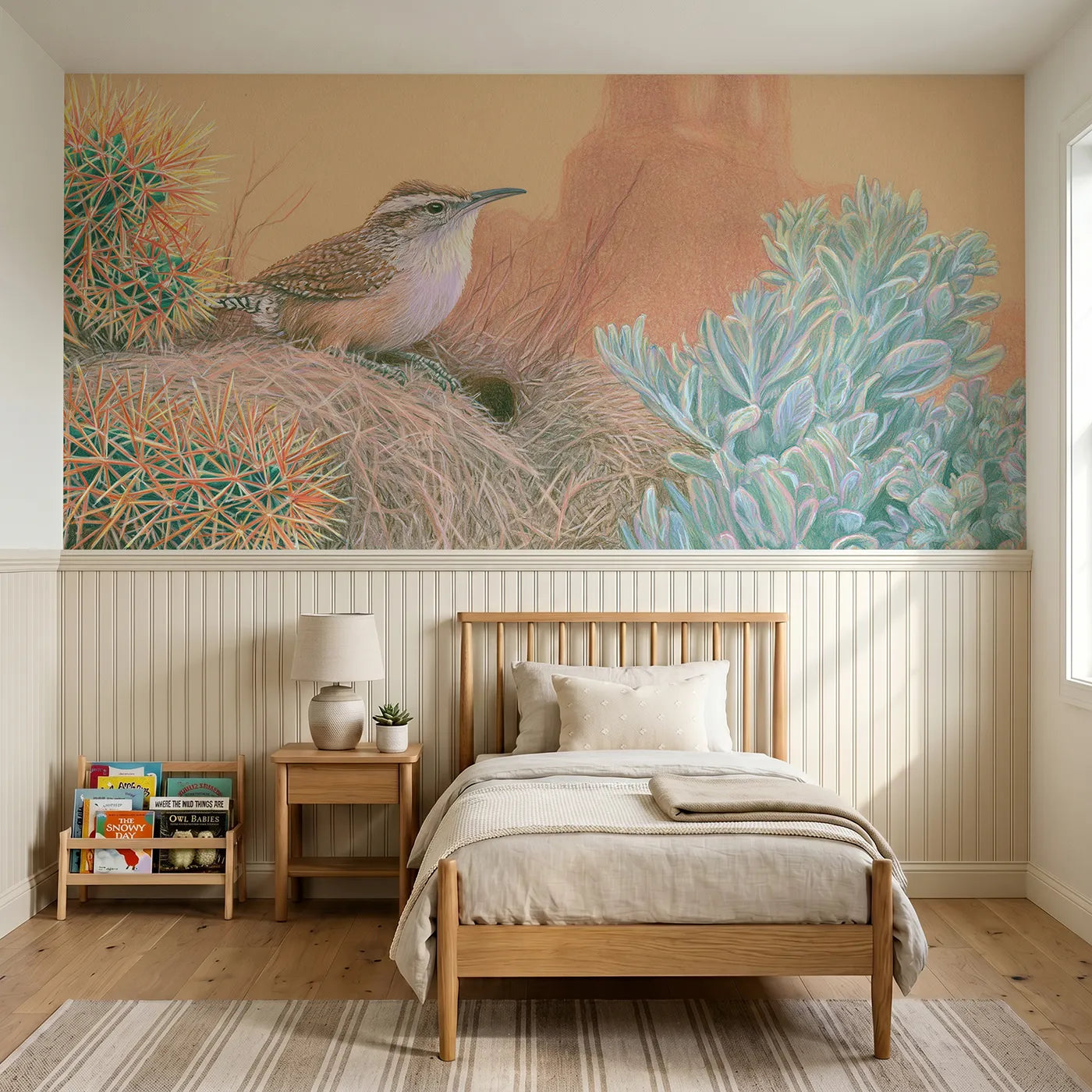 Colored pencil wainscoting wallpaper of a wren in the cholla by Whimsy Tots