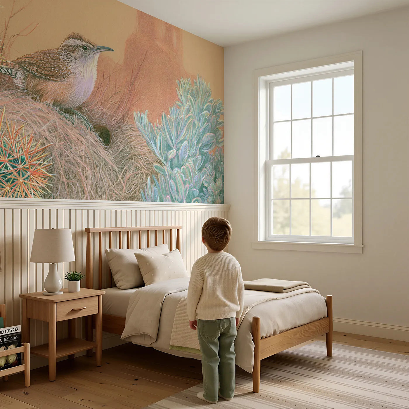 Child reading near Wren In The Cholla Wainscoting Wallpaper by Whimsy Tots