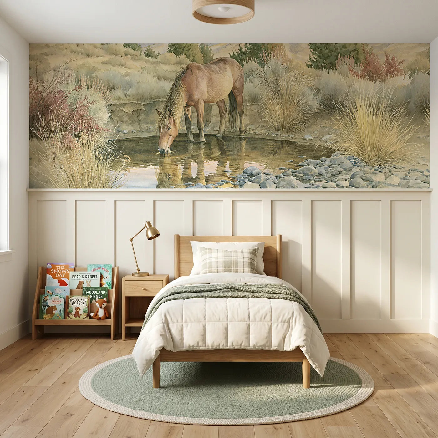 Storybook wainscoting wallpaper of a mustang drinking at the pool by Whimsy Tots