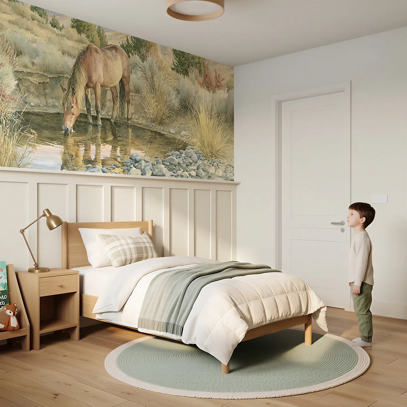 Child reading near Drinking At The Pool Wainscoting Wallpaper by Whimsy Tots