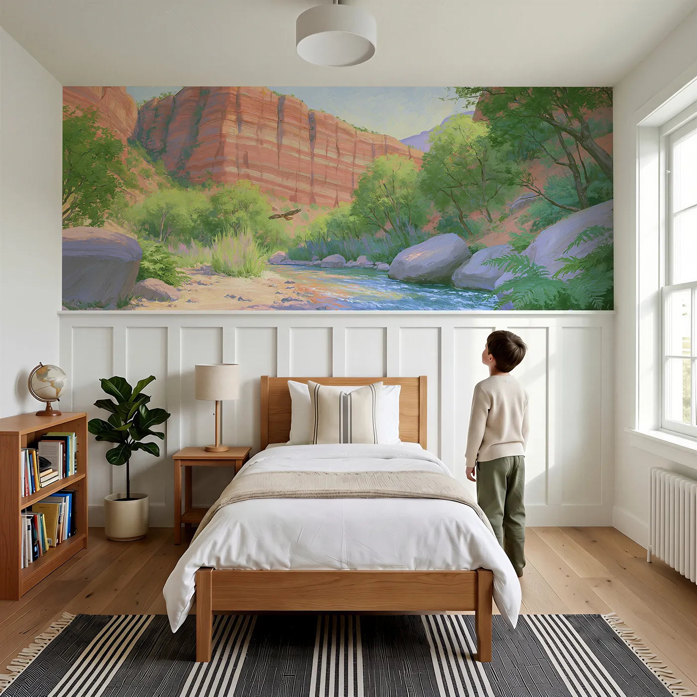 Child reading near The Canyon Wall Wainscoting Wallpaper by Whimsy Tots