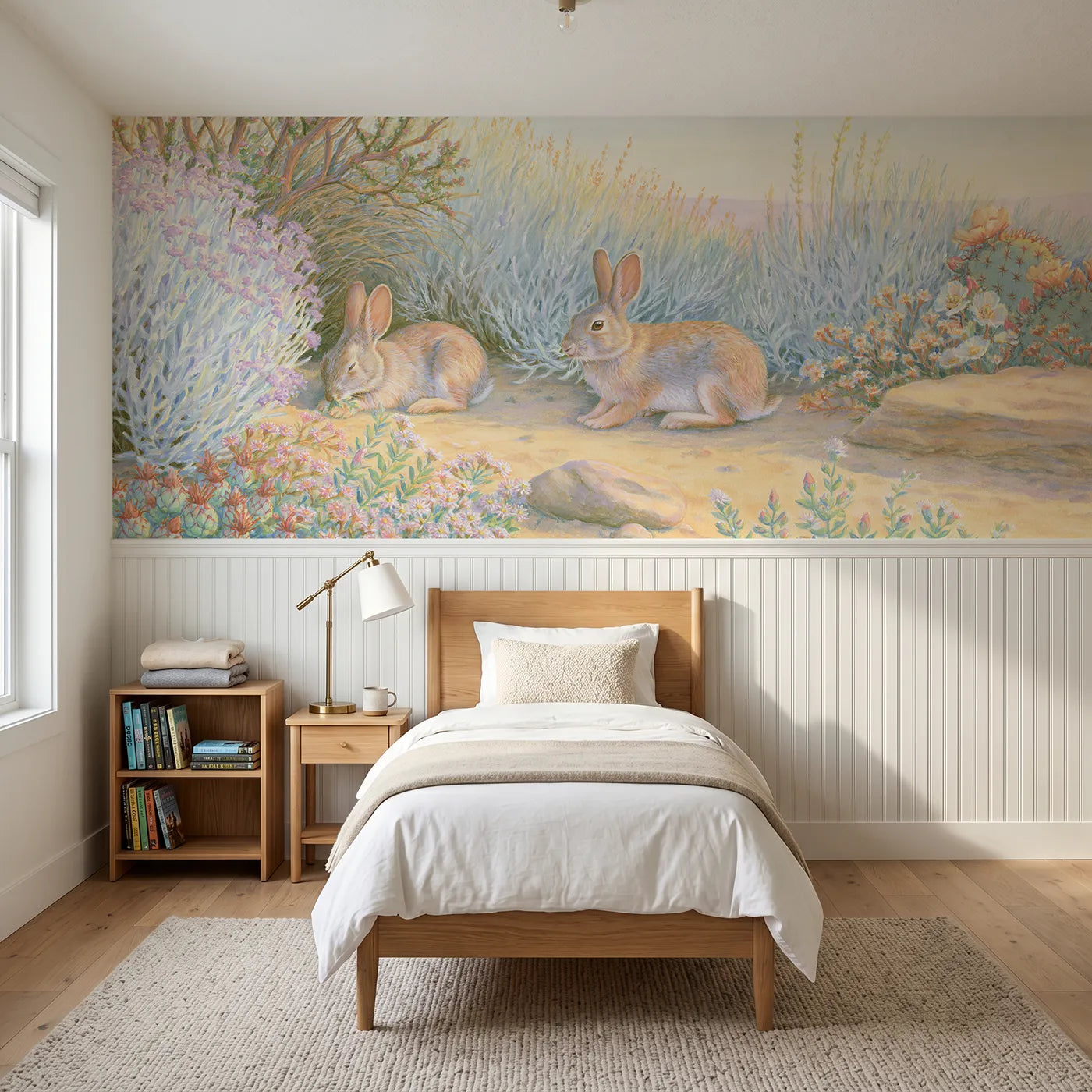 Colored pencil wainscoting wallpaper of cottontails in the sage by Whimsy Tots