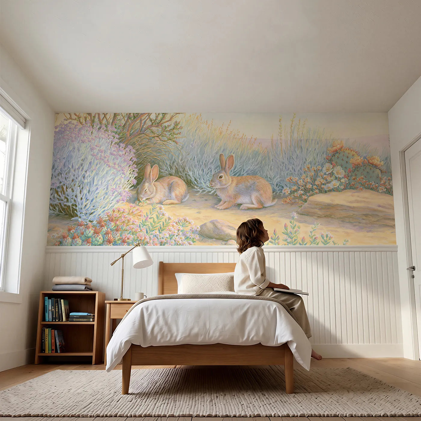 Child reading near Cottontails In The Sage Wainscoting Wallpaper by Whimsy Tots