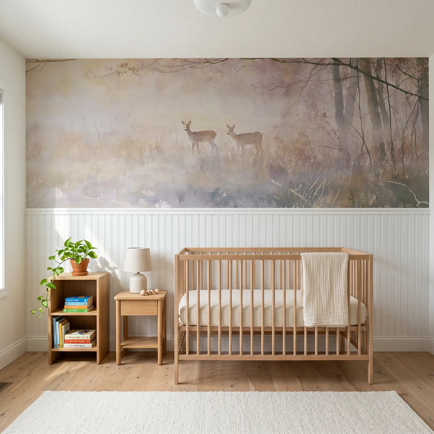Watercolor wainscoting wallpaper of a roe deer pair at first light by Whimsy Tots