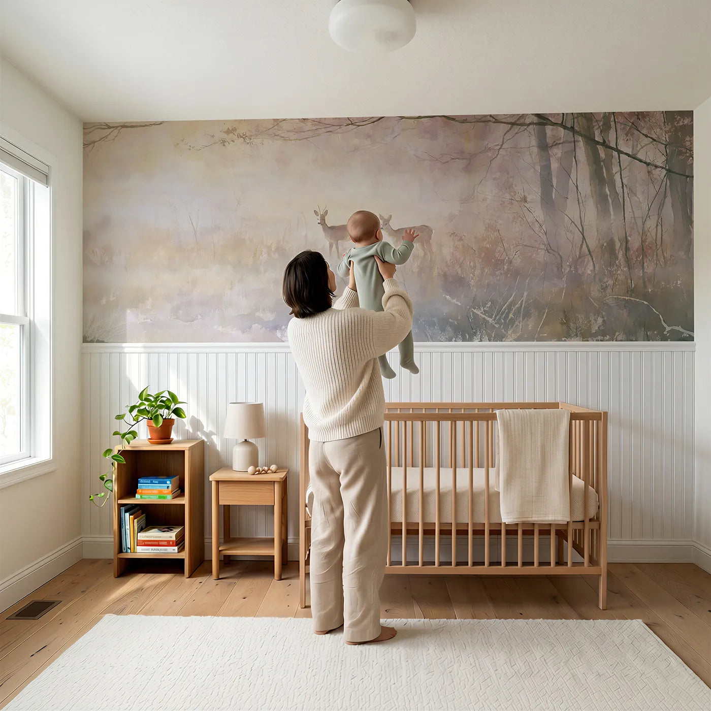 Child reading near Roe Deer Pair First Light Wainscoting Wallpaper by Whimsy Tots