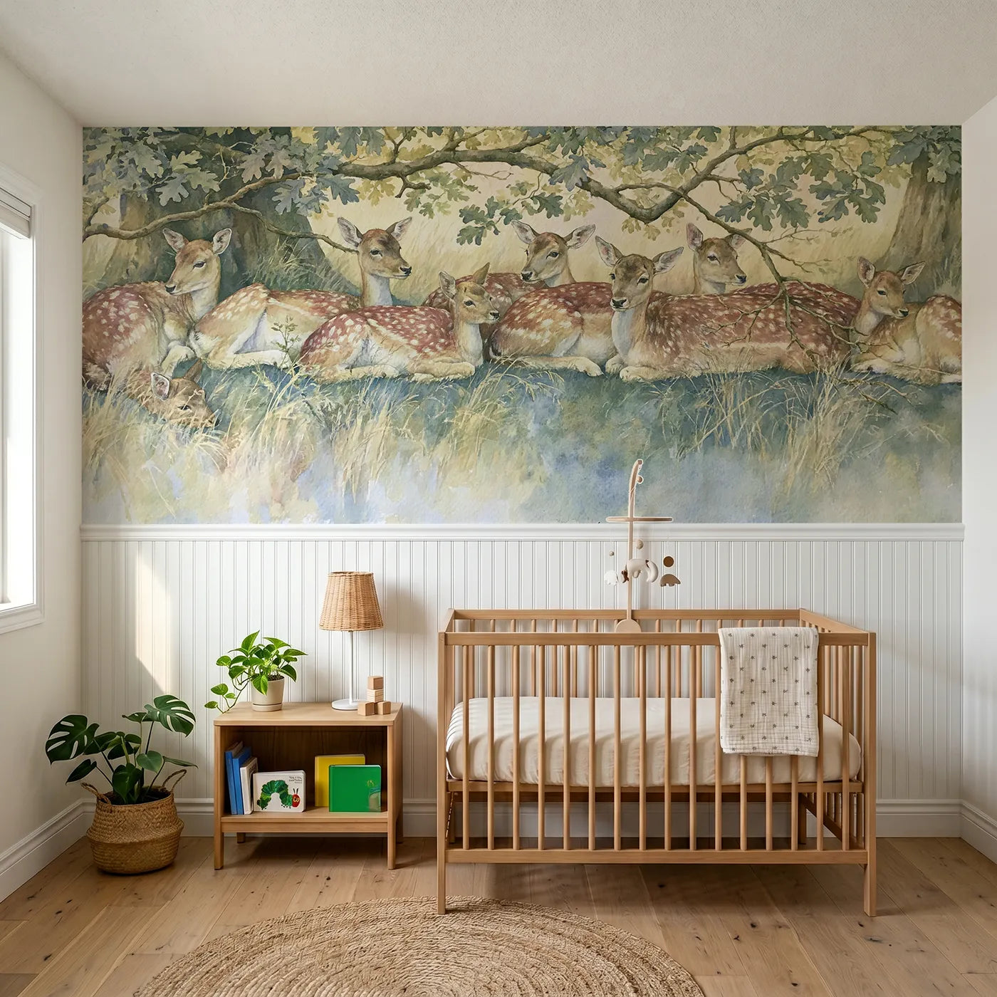 Storybook wainscoting mural of fallow deer beneath oaks by Whimsy Tots