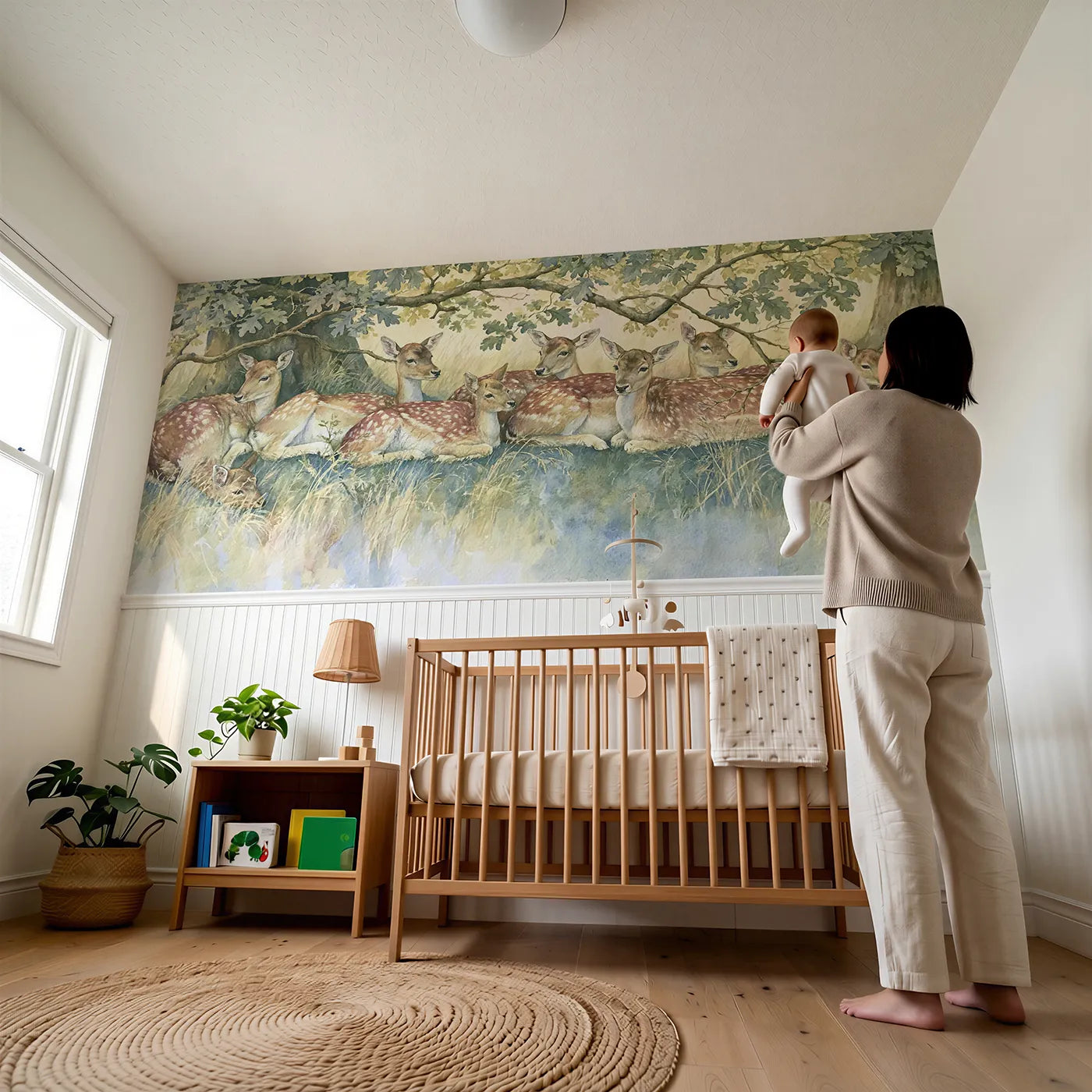 Child reading near Fallow Deer Beneath Oaks Wainscoting Wallpaper by Whimsy Tots