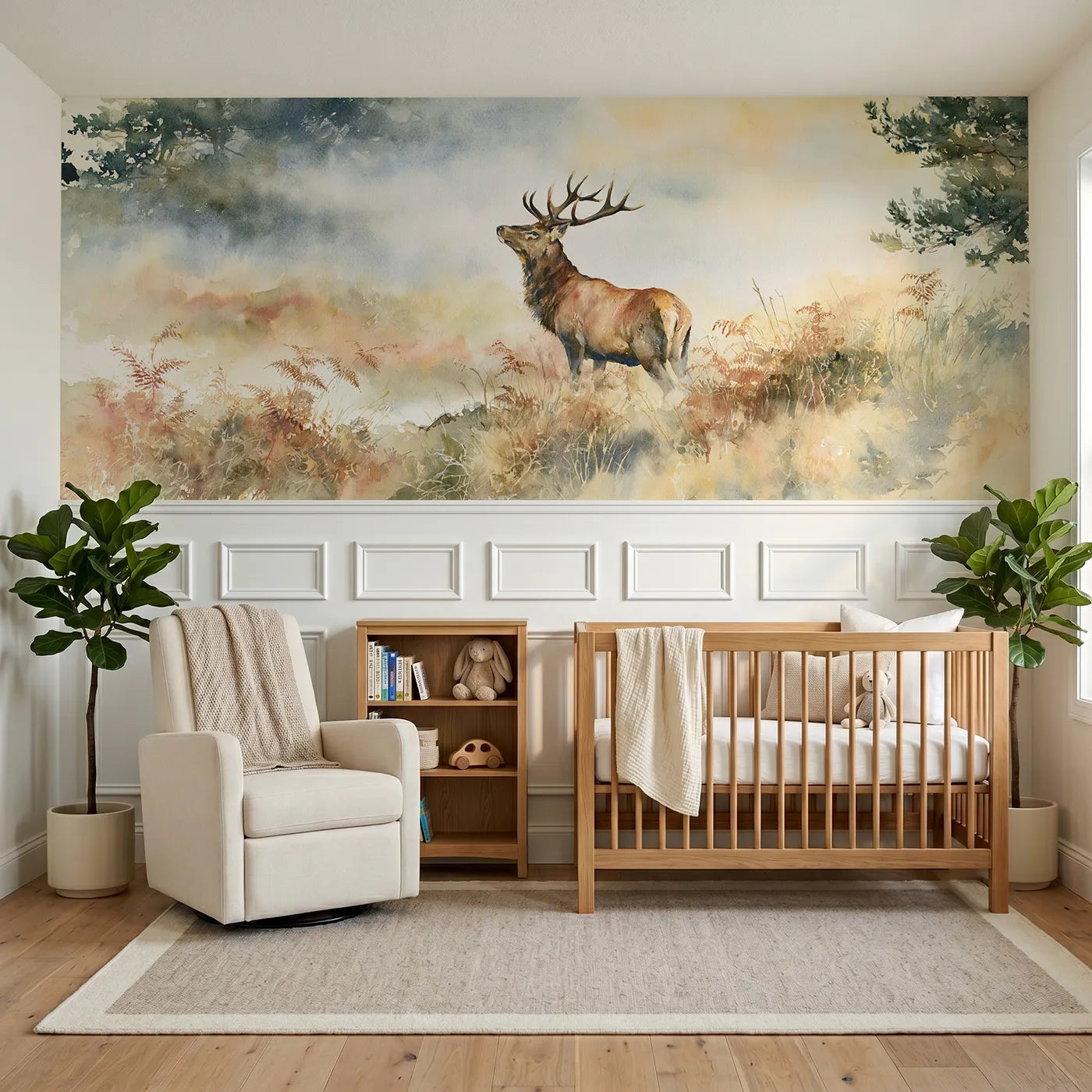Watercolor wainscoting wallpaper of a red stag on the fern bank by Whimsy Tots