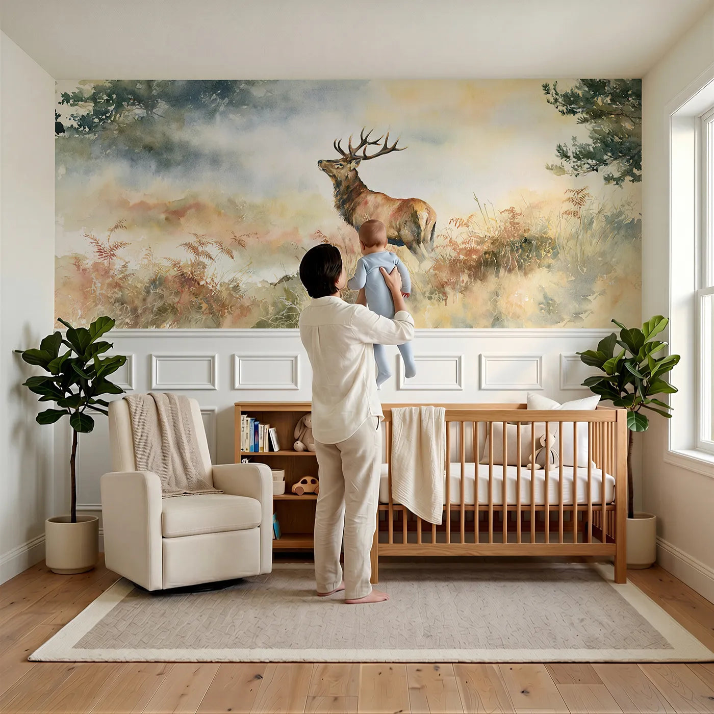 Child reading near Red Stag Fern Bank Wainscoting Wallpaper by Whimsy Tots