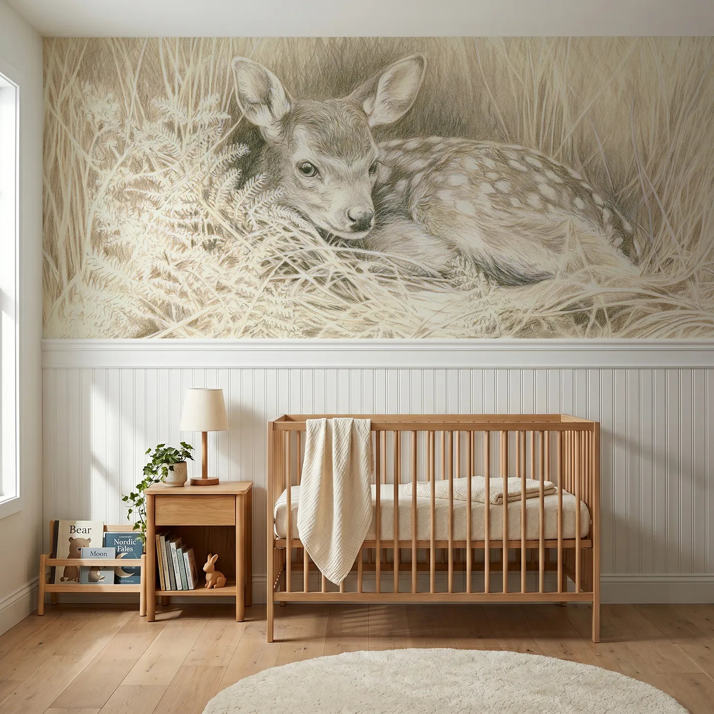 Colored pencil wainscoting wallpaper of a fawn in the bracken by Whimsy Tots