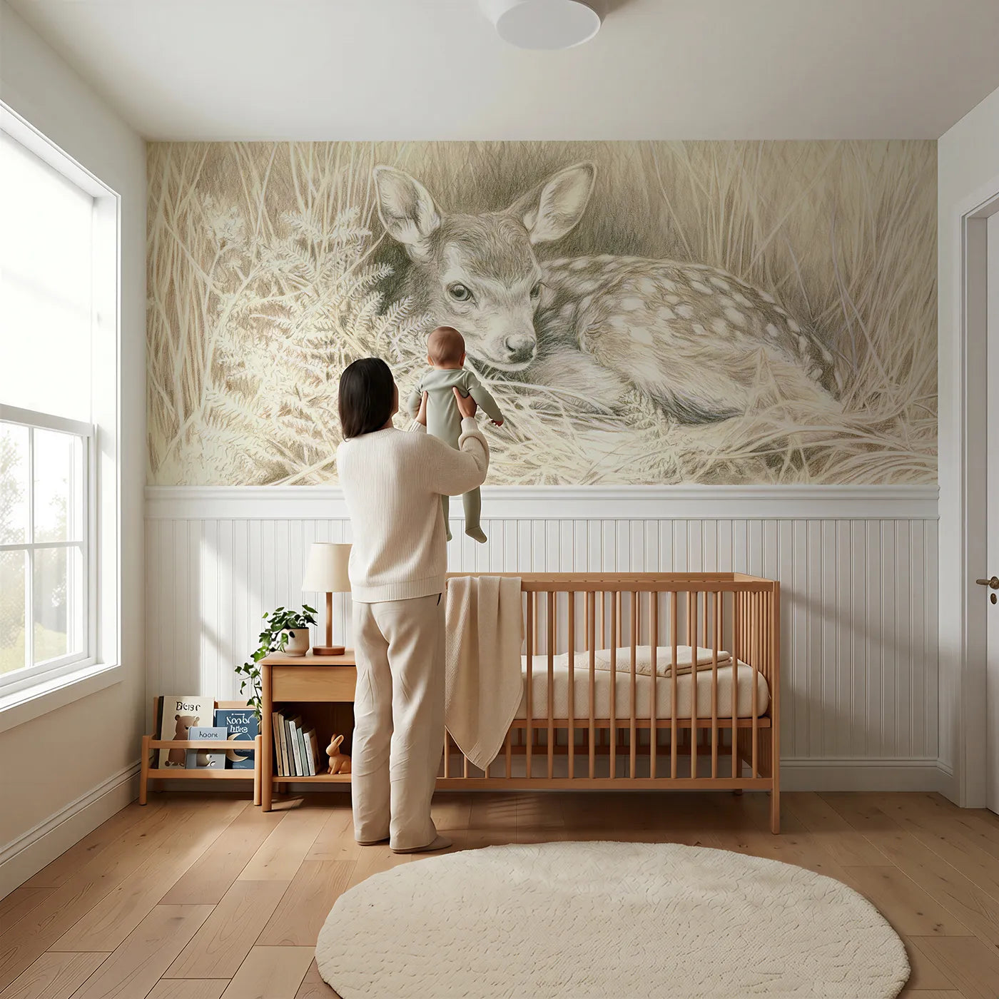 Child reading near Fawn In The Bracken Wainscoting Wallpaper by Whimsy Tots